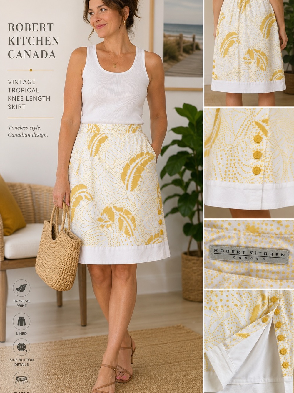 Robert Kitchen Tropical Leaf Print Midi Skirt White & Mustard Lined Medium